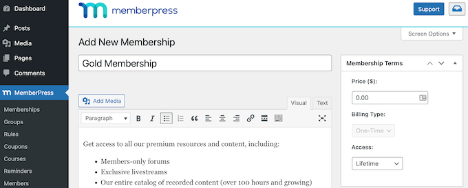 Menambahkan tingkat keanggotaan ke situs web menggunakan MemberPress Adding a membership level to a website using MemberPress