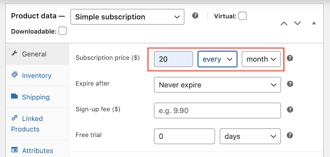 Mengatur harga langganan WooCommerce Setting the WooCommerce subscription price
