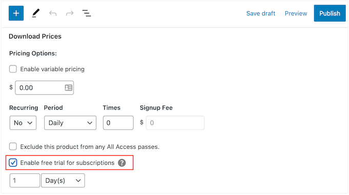 Mengaktifkan uji coba gratis di Easy Digital Downloads Enabling a free trial in Easy Digital Downloads