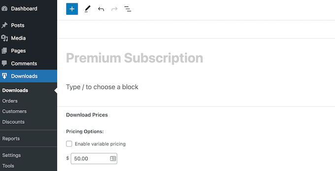 Menambahkan opsi harga ke produk digital di WordPress Adding pricing options to a digital product in WordPress