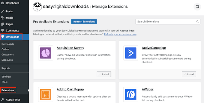 Memasang ekstensi Easy Digital Downloads Installing Easy Digital Downloads extensions