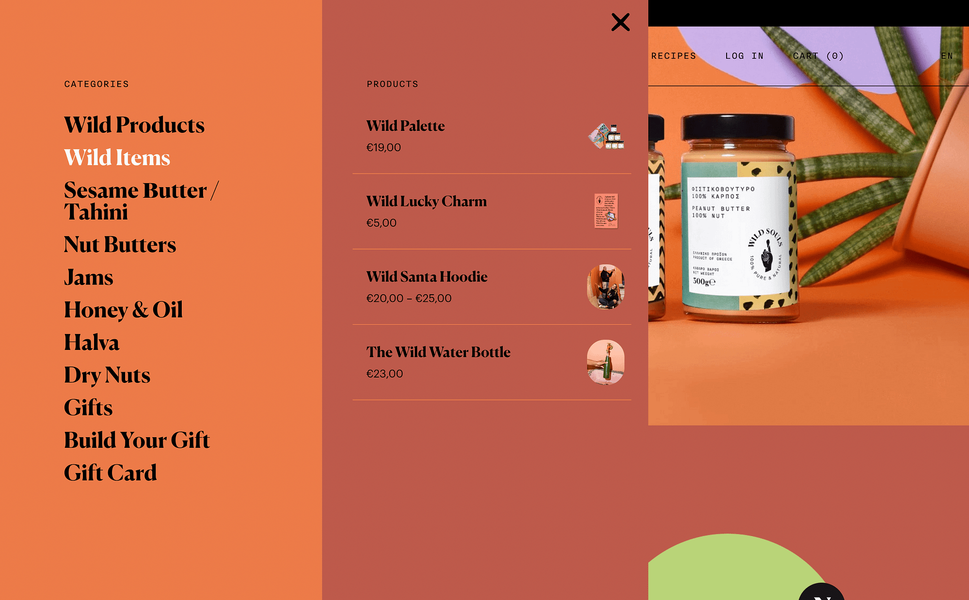 Meniul vertical de produse al site-ului Wild Souls.