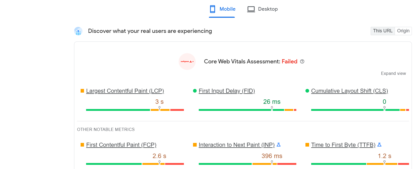raportul principal web vitals de la Google PageSpeed