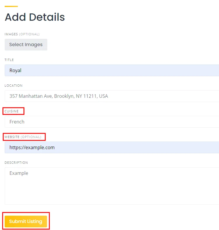 O formulário de envio de listagem de um site de diretório de empresas.