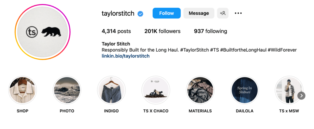 profilo instagram taylorstich - un esempio di marchio di abbigliamento USA