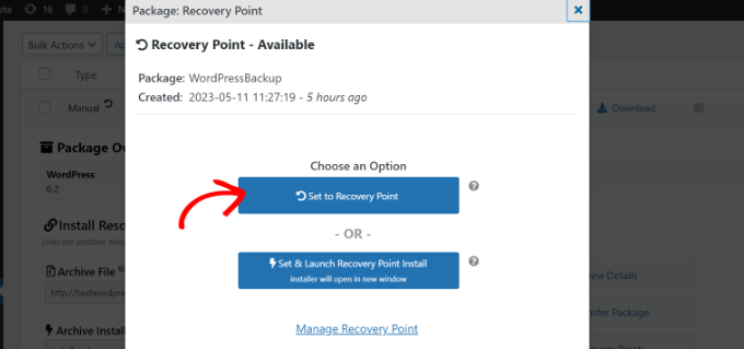 「回復ポイントに設定」オプションをクリックします Click set to recovery point option