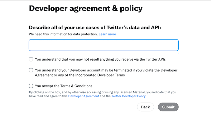 Akceptacja warunków programistów Twittera Agreeing to the Twitter Developers terms