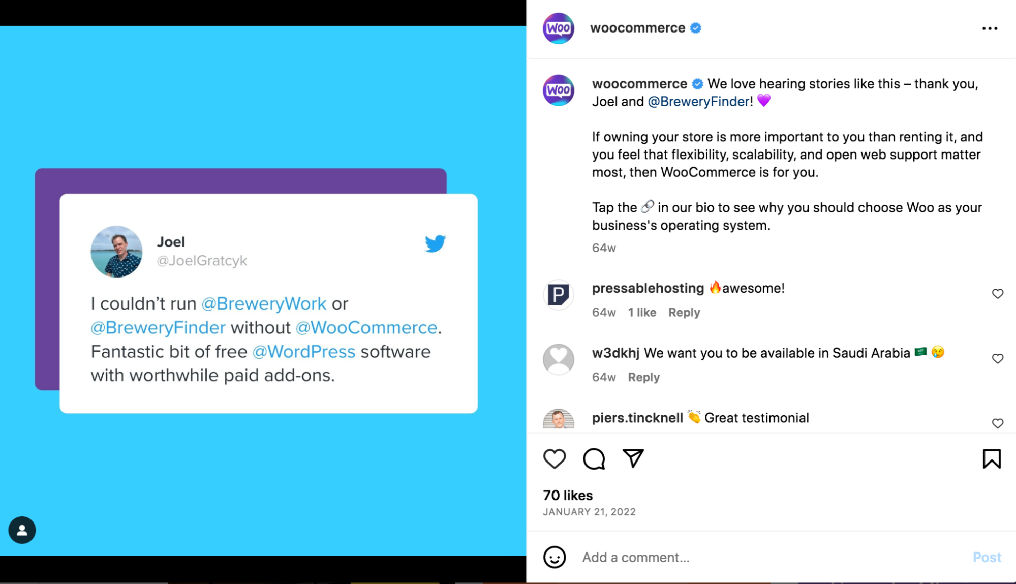 WooCommerce Instagram'da bir müşteri referansı örneği