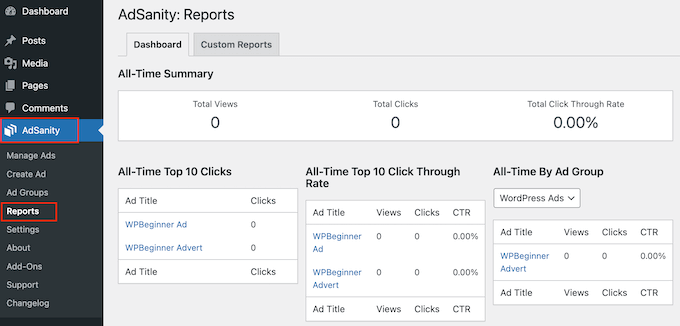 WordPress 대시보드에서 광고 보고서 보기 Viewing advertisement reports in the WordPress dashboard