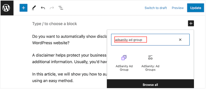 AdSanity Ad Group 블록을 WordPress 웹사이트에 추가하기 Adding an AdSanity Ad Group block to your WordPress website