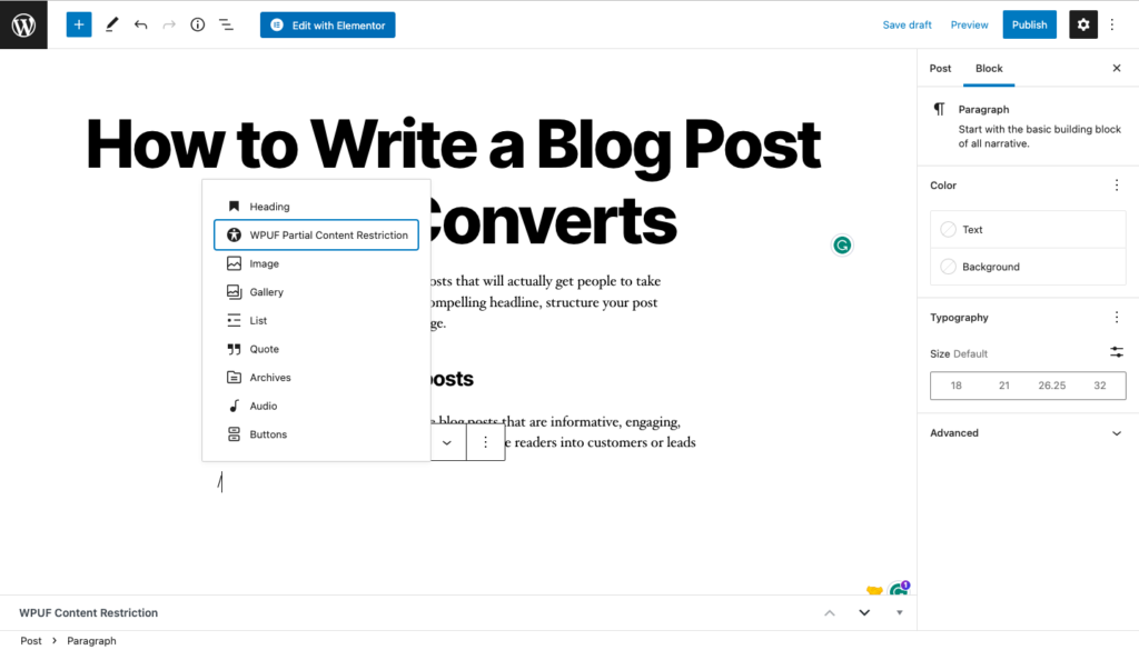 WordPress Gutenberg 编辑器中的 WPUF 部分内容限制块
