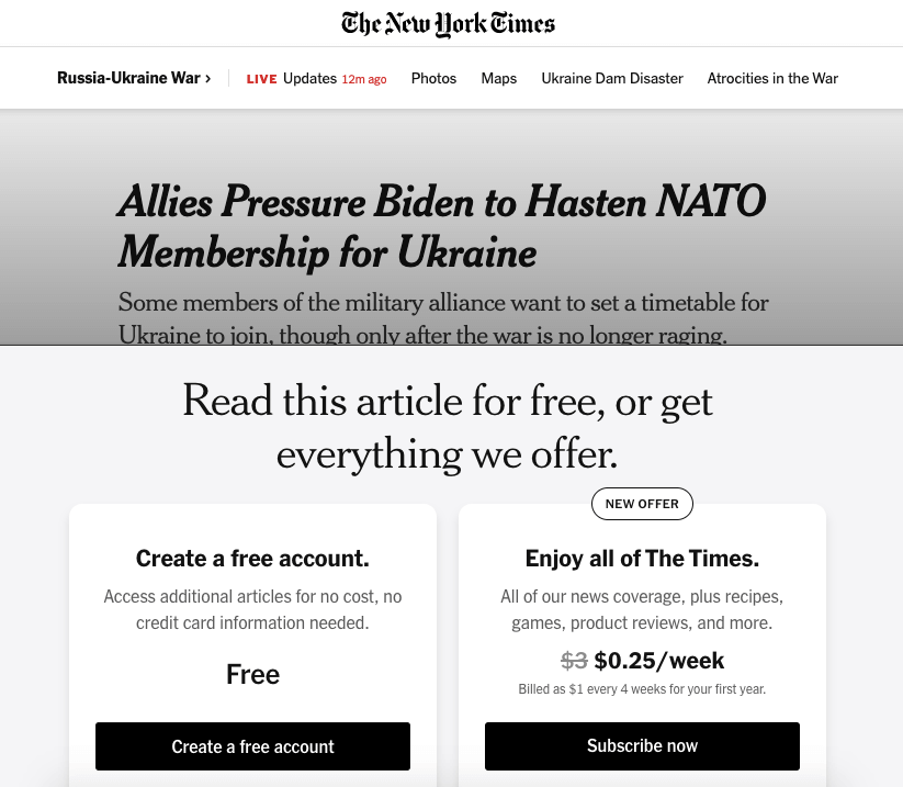 此屏幕截图显示了 newyorktimes.com 中的内容锁定选项