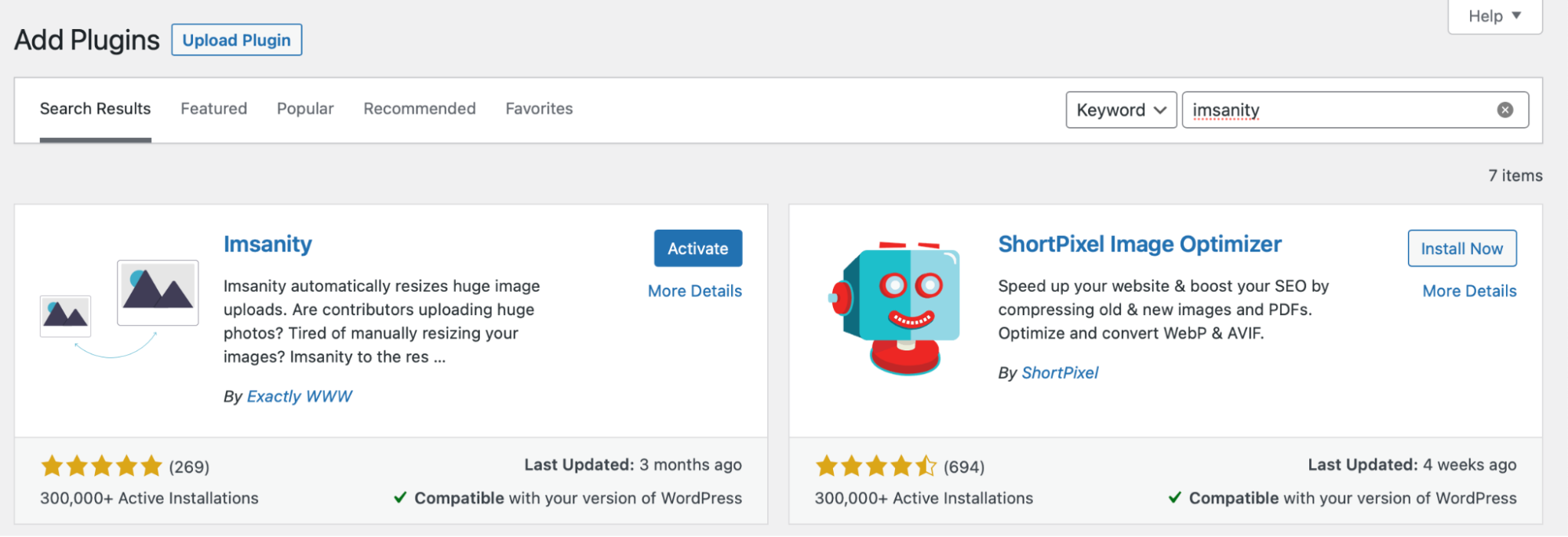 найти плагин Imsanity в WordPress
