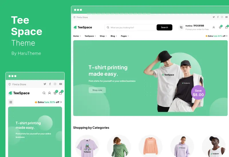 Tema TeeSpace - Stampa tema WordPress per designer di magliette personalizzate