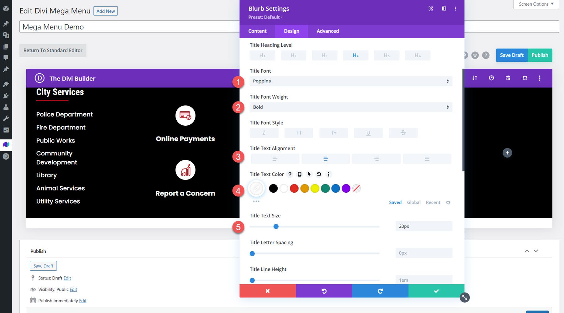 Divi Mega Menu Layout del modulo a discesa Mega Testo Blurb