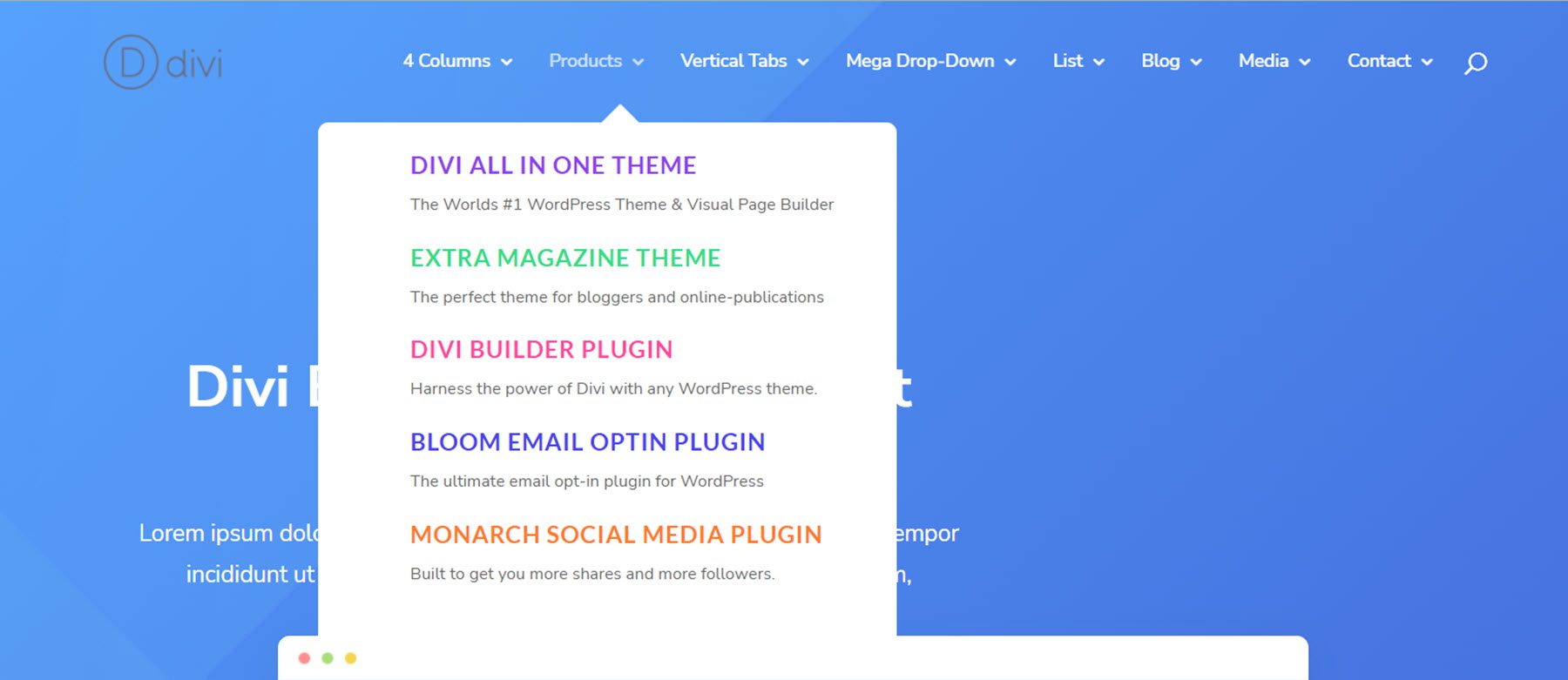 Esempio di layout aziendale del menu Divi Mega