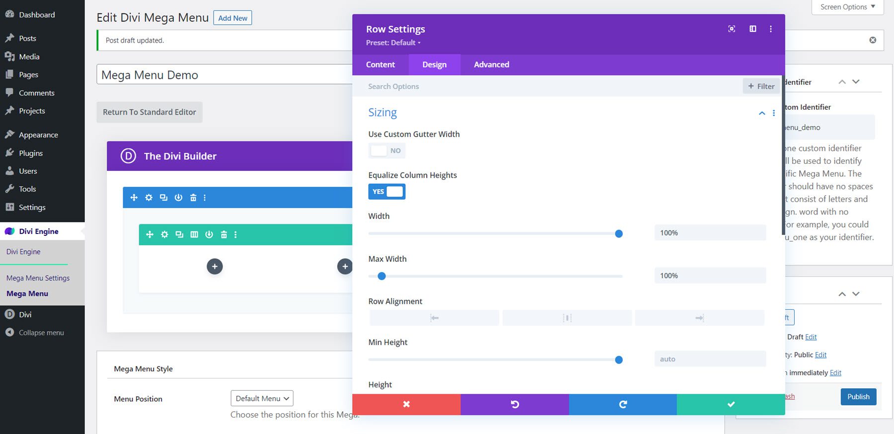 Divi Mega Menu Mega Drop-Down Layout del modulo Ridimensionamento delle righe