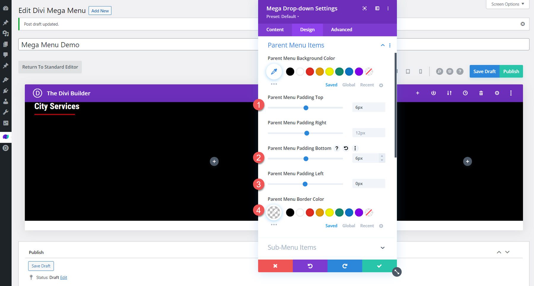 Divi Mega Menu Layout del modulo a discesa Mega Voci del menu principale
