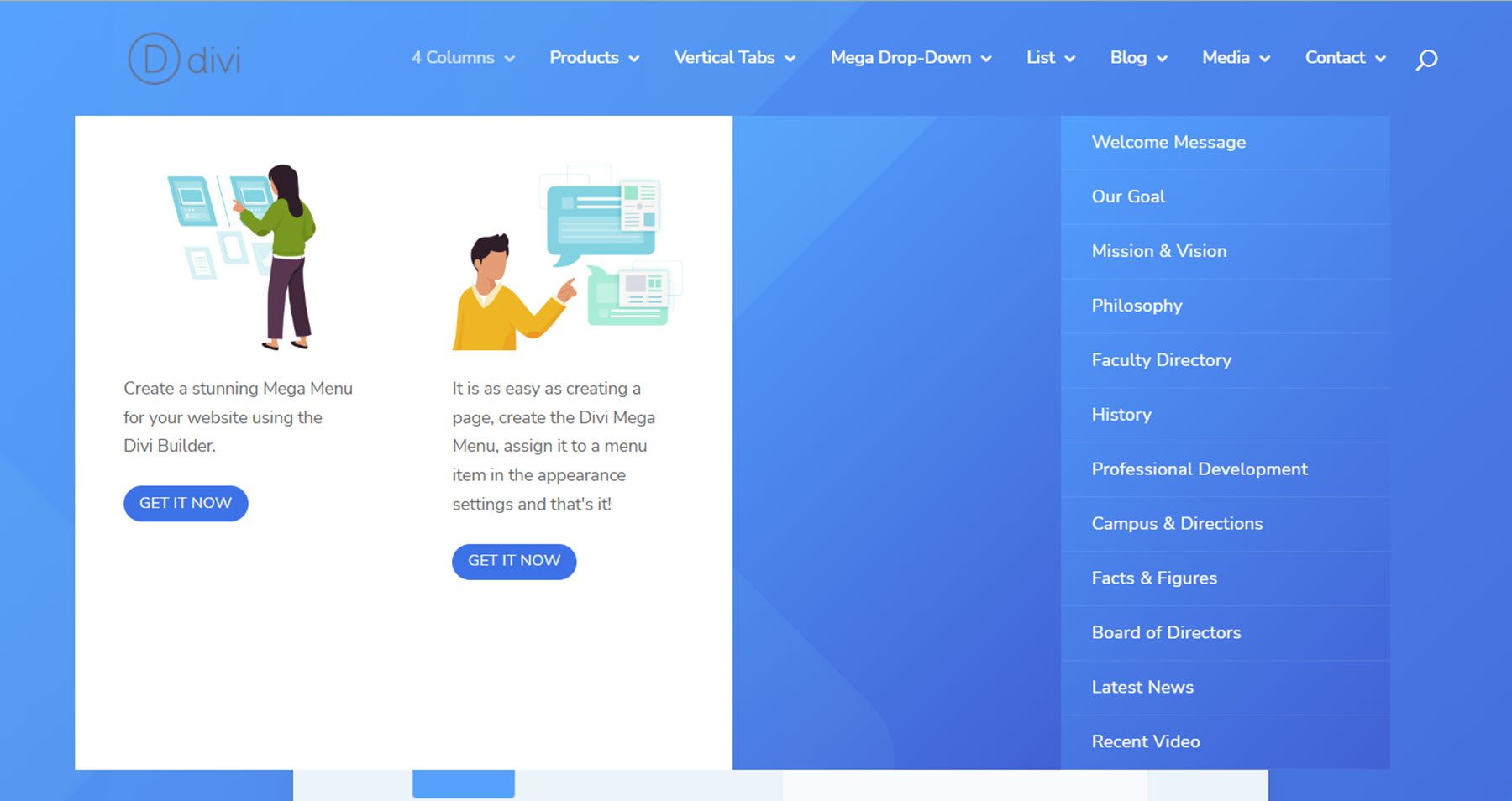 Esempio di layout aziendale del menu Divi Mega