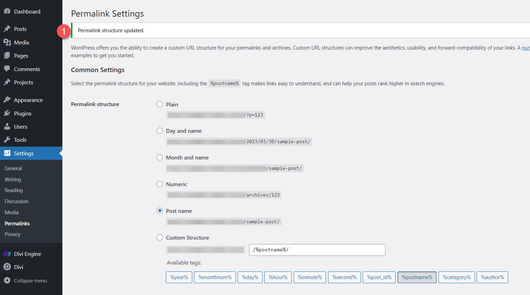 Divi Mega Menu Impostazioni permalink