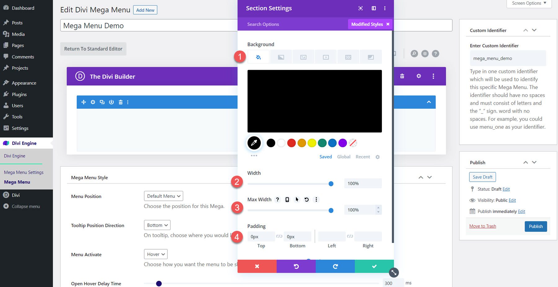 Impostazioni della sezione del layout del modulo a discesa mega del menu Divi Mega