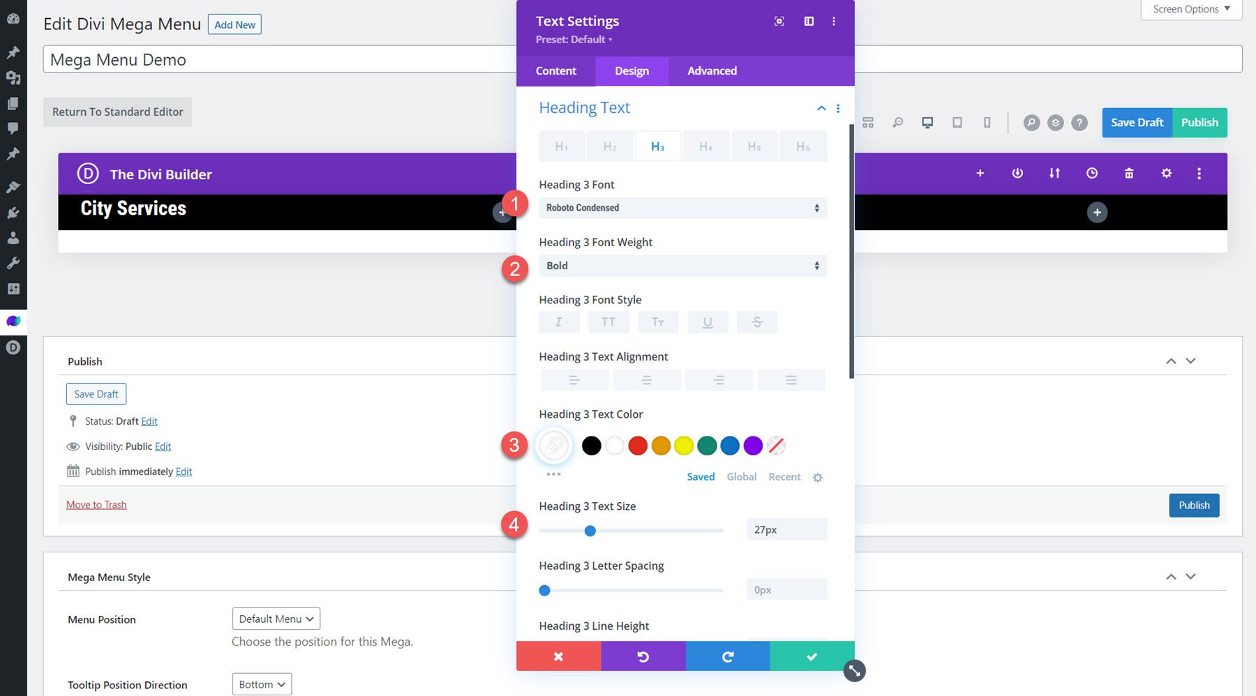 Testo dell'intestazione del layout del modulo a discesa Mega menu Divi Mega