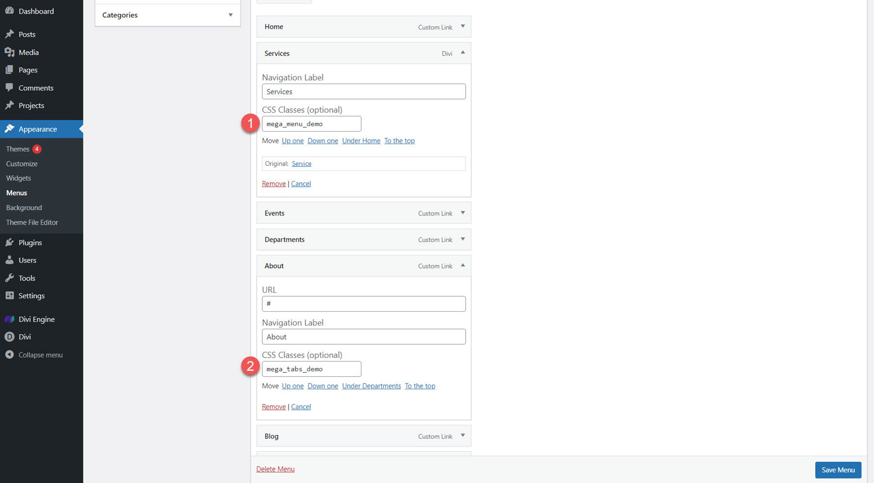 Menu Divi Mega Aggiungi identificatore personalizzato al menu