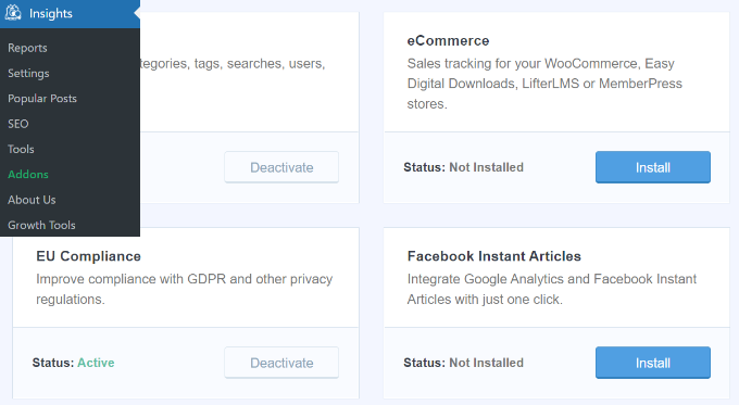 MonsterInsights の e コマース アドオンをインストールする Install the eCommerce addon