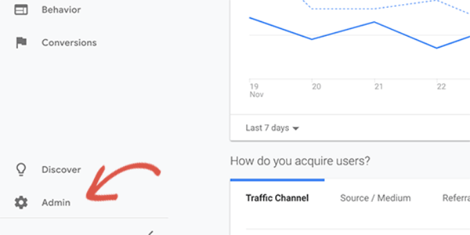 Google Analytics ダッシュボードの管理ページに切り替えます Click the admin settings button