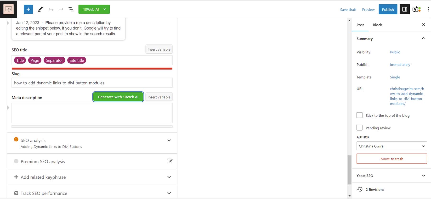 Yoast SEO ile 10Web Yapay Zeka Asistanı