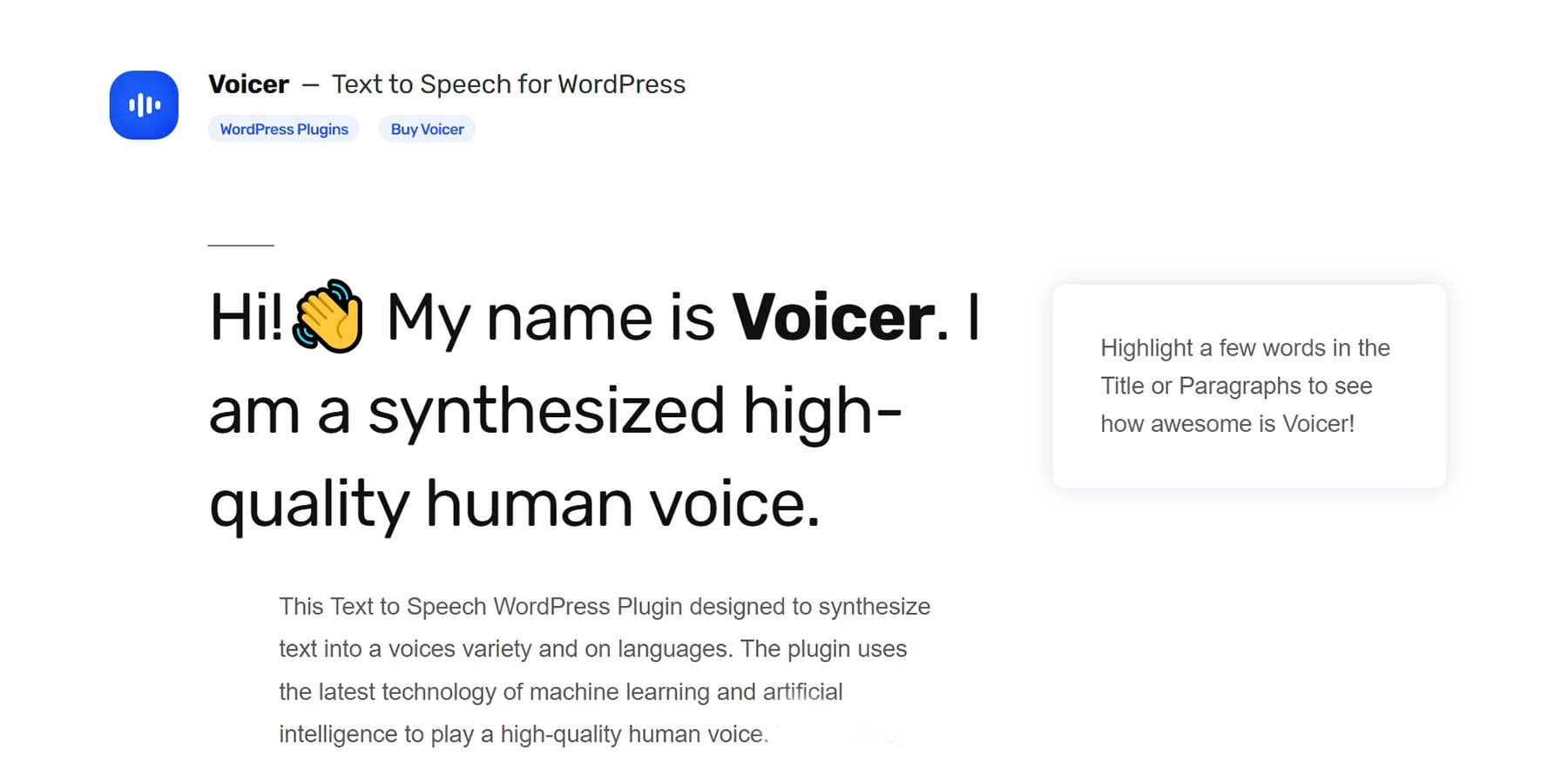 Voicer, WordPress için yapay zeka aracılığıyla metinden konuşmaya