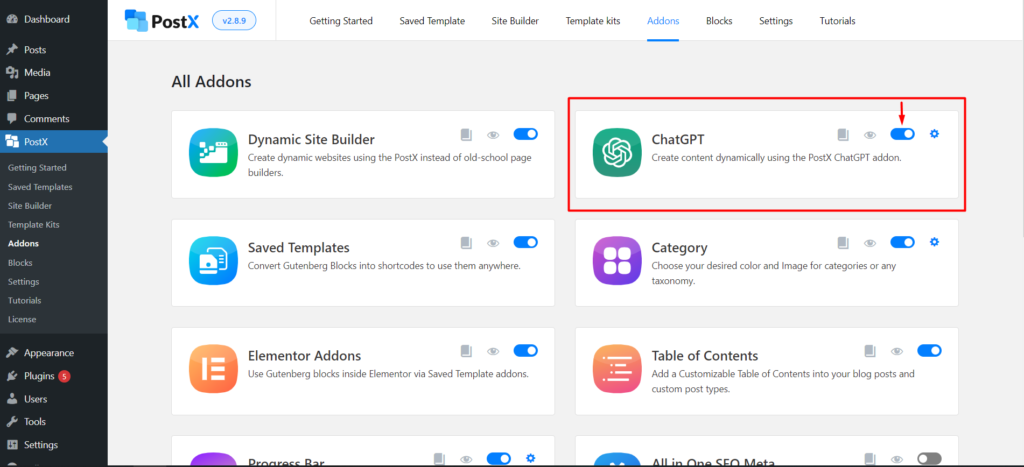ขอแนะนำ PostX ChatGPT Addon: WordPress AI Content Generator 3 Turn on the PostX ChatGPT Addon