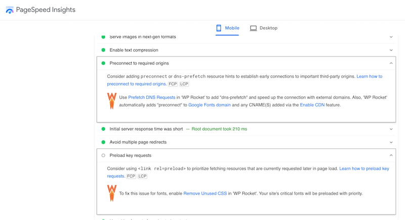 使用 WP Rocket 修復 PageSpeed Insights 警告 - 來源:PageSpeed