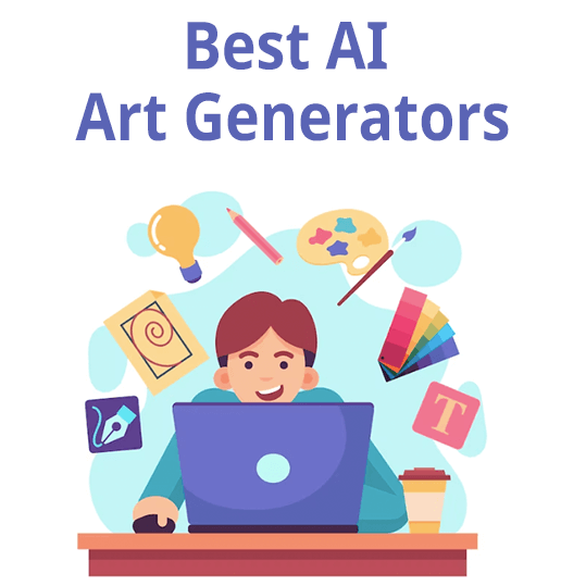 2023'ün En İyi 9 Yapay Zeka Sanatı Oluşturucumuzla Yaratıcı Potansiyelinizi Açığa Çıkarın 1 Image for AI Art Generators, a boy with laptop and art design around