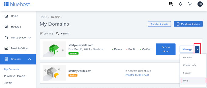 รายการโดเมน Bluehost Bluehost Domain List