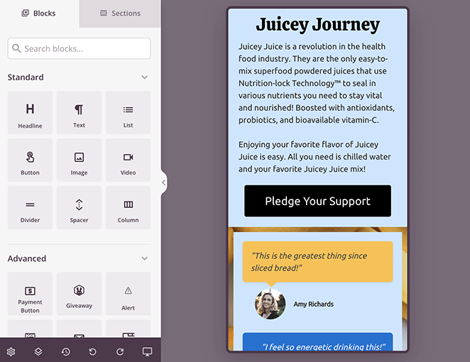 モバイルプレビュー SeedProd Preview kickstarter landing page on mobile
