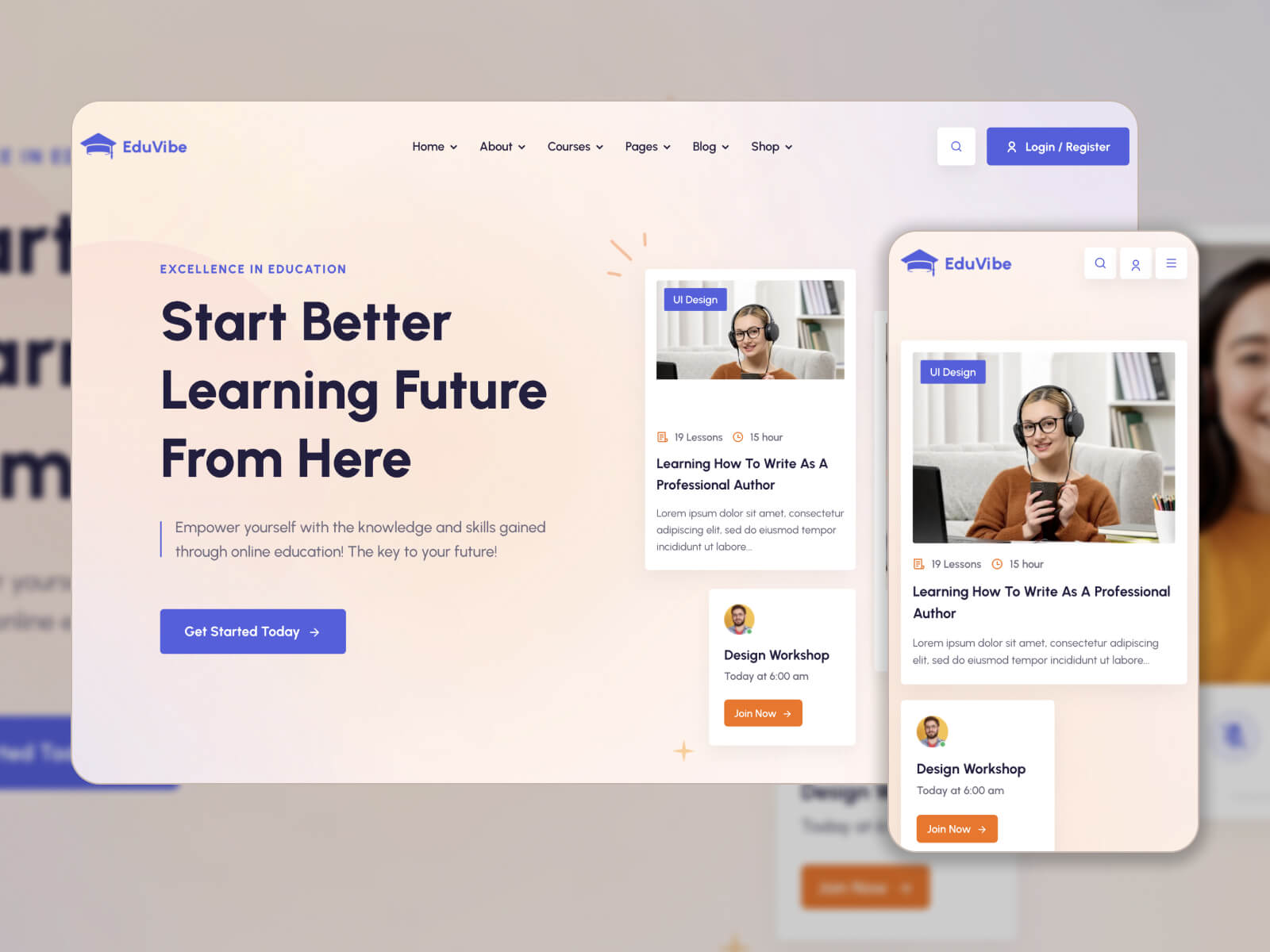 Скриншот EduVibe — элегантный шаблон онлайн-курса для WordPress в льняных, серебристых, сланцево-голубых, темно-сланцево-серых и оттенках охры
