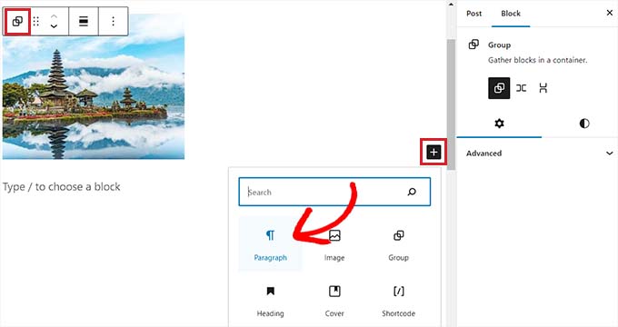 ブロック メニューを開いてグループ ブロック内に別のブロックを追加します Open the block menu to add another block within the Group block