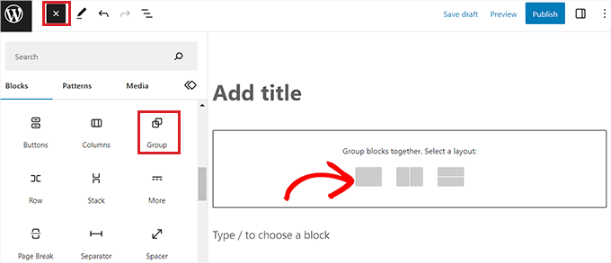 ブロックメニューからグループブロックを選択します Select Group block from the block menu