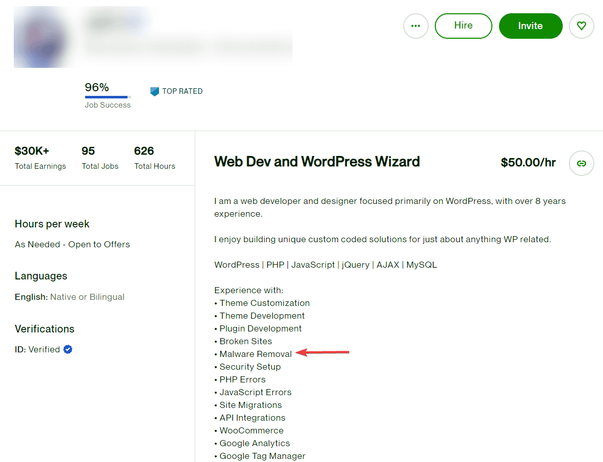 Angajați dezvoltatori pe Upwork pentru a curăța o infecție cu malware.
