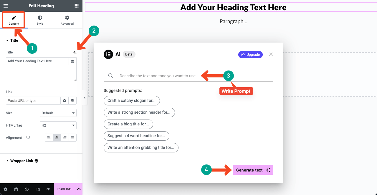 Presentazione di Elementor AI: vantaggi, casi d'uso e come usarlo 1 How to Generate Text and Paragraphs with Elementor AI