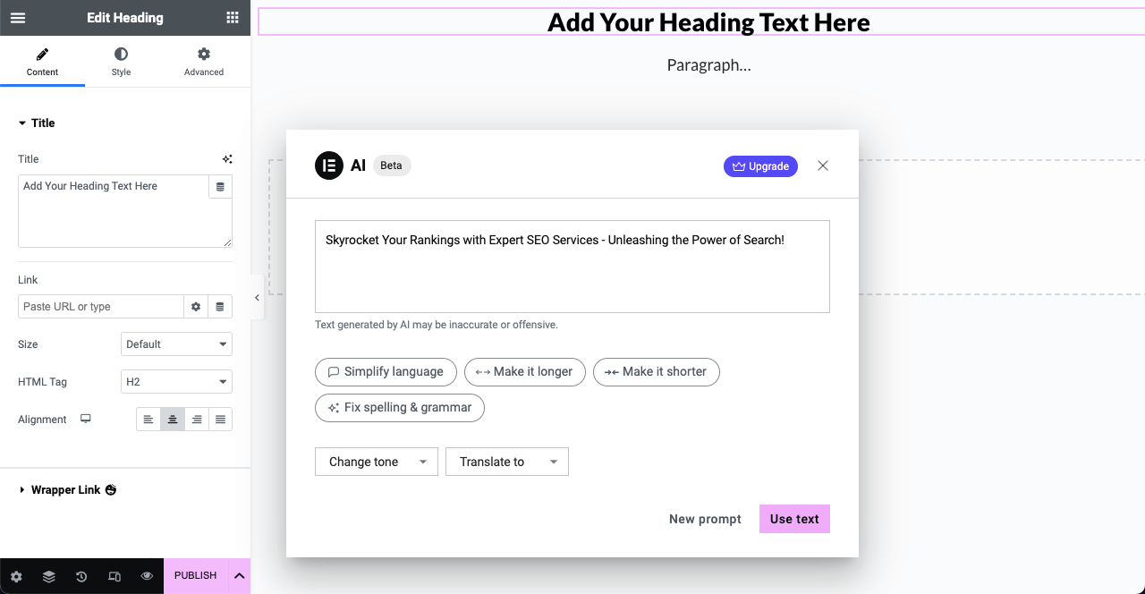 Presentazione di Elementor AI: vantaggi, casi d'uso e come usarlo 2 Modify AI Generated Text