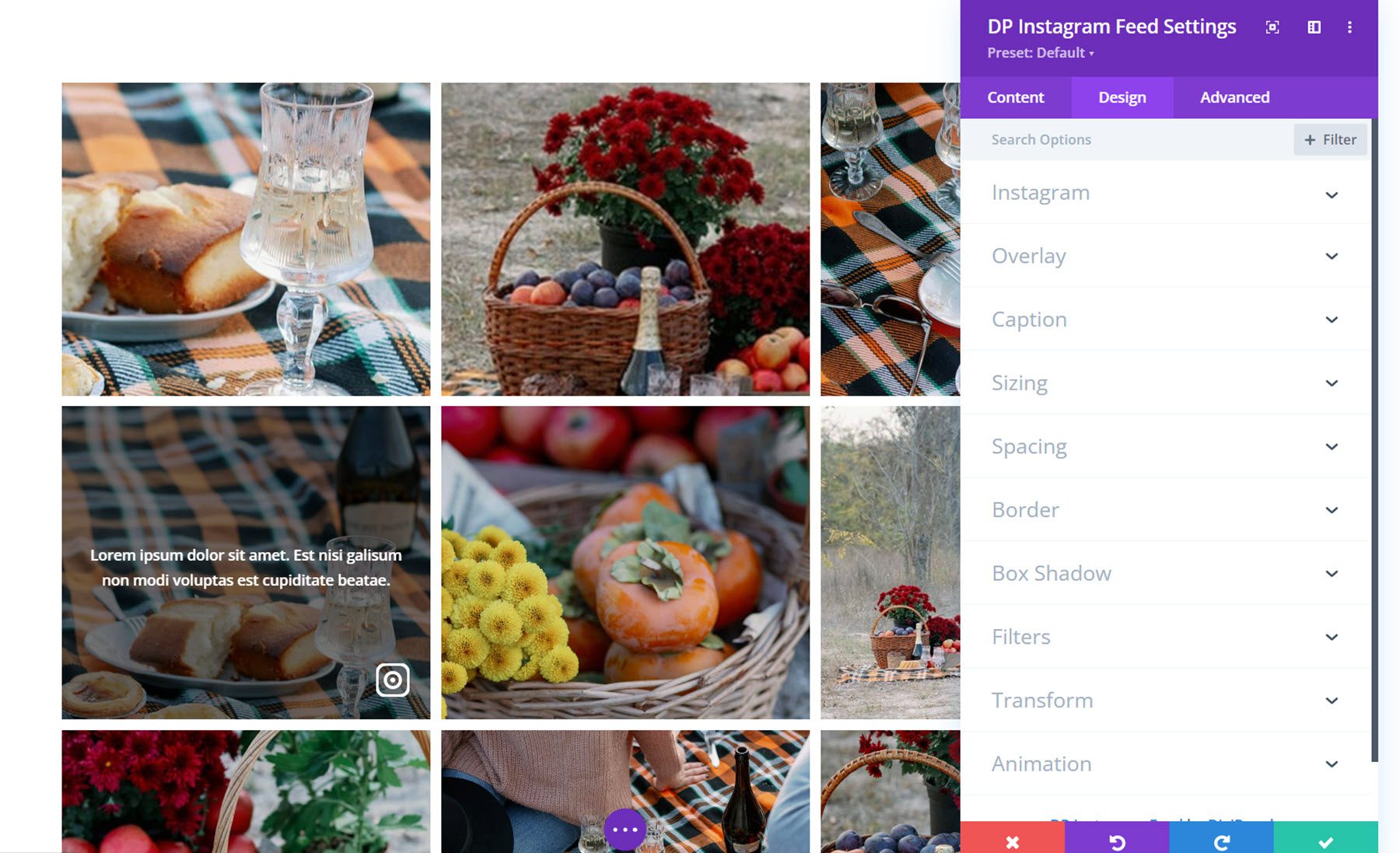 Divi Social Plus Instagram 피드 디자인 설정