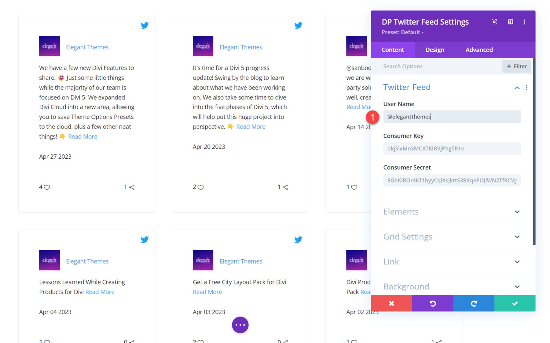 Divi Social Plus Twitter 피드 사용자 이름