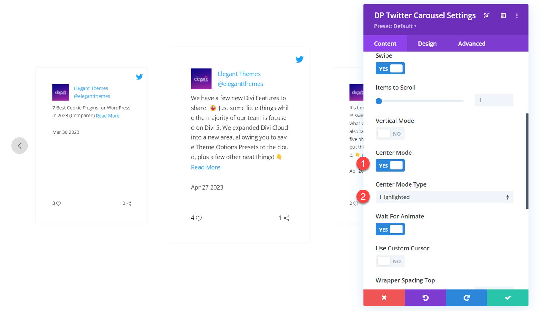 Divi Social Plus Twitter 회전식 센터 모드