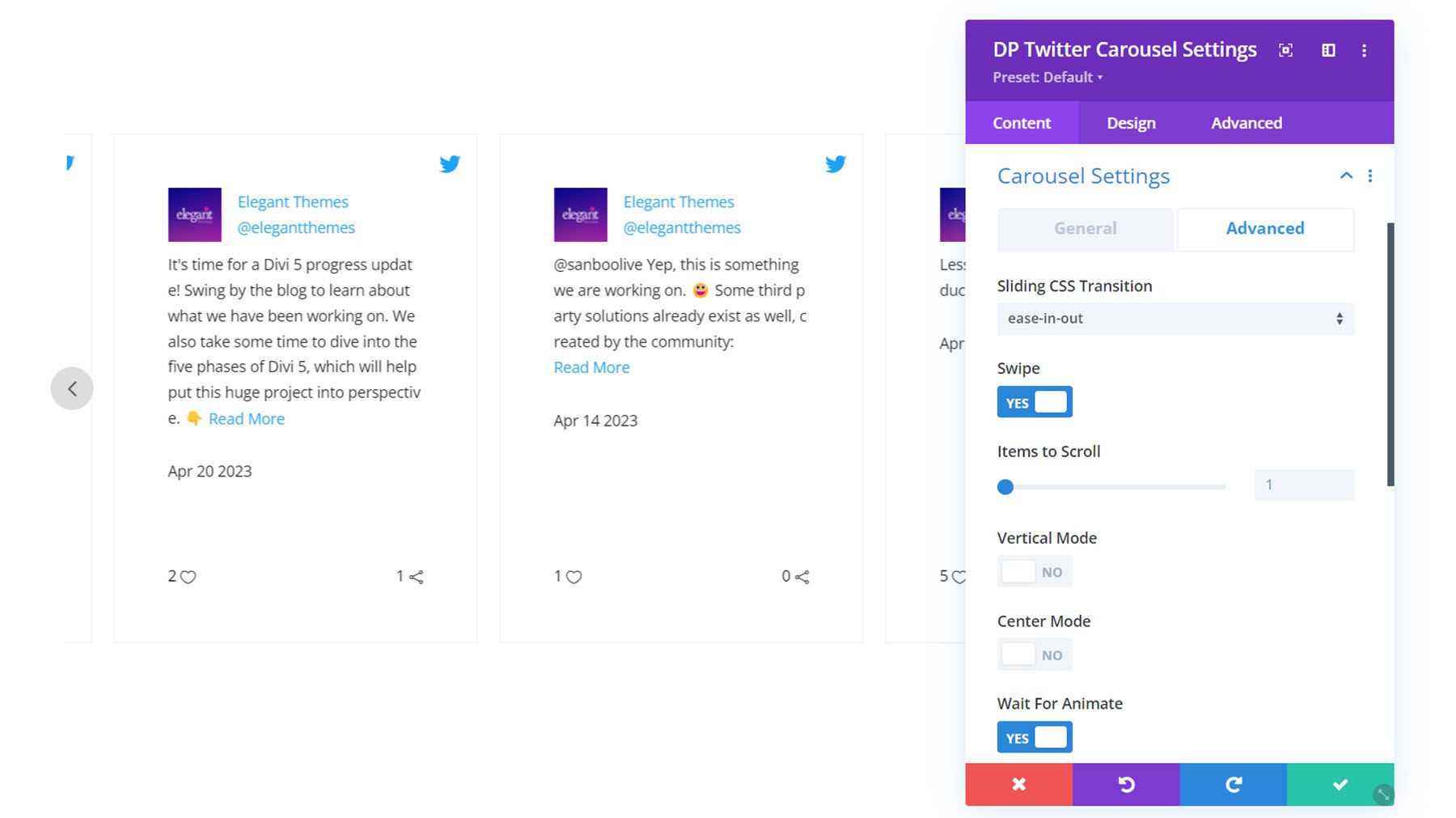 Divi Social Plus Twitter Carousel 고급 회전 메뉴 설정
