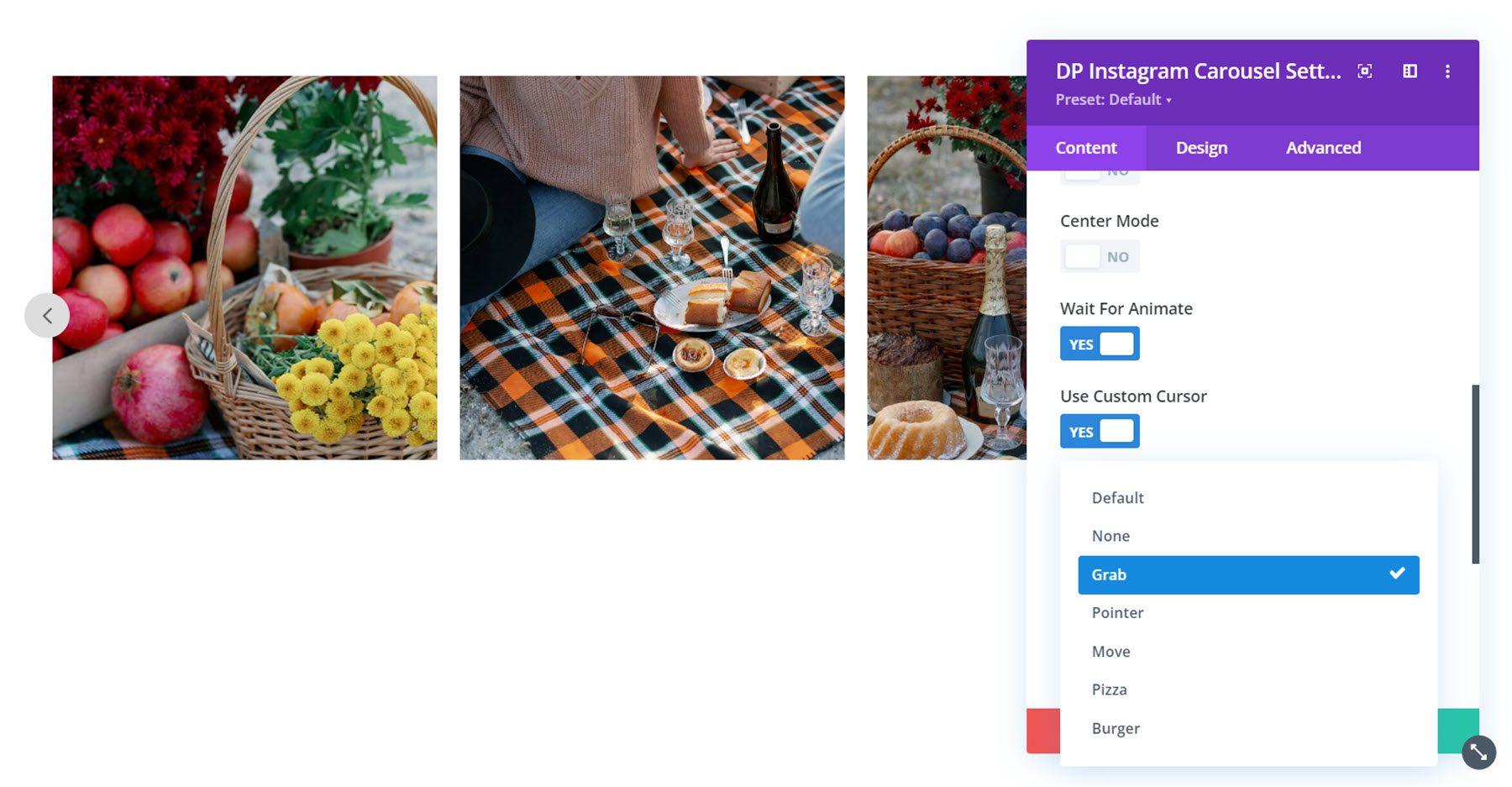 Divi Social Plus Instagram 회전식 사용자 지정 커서