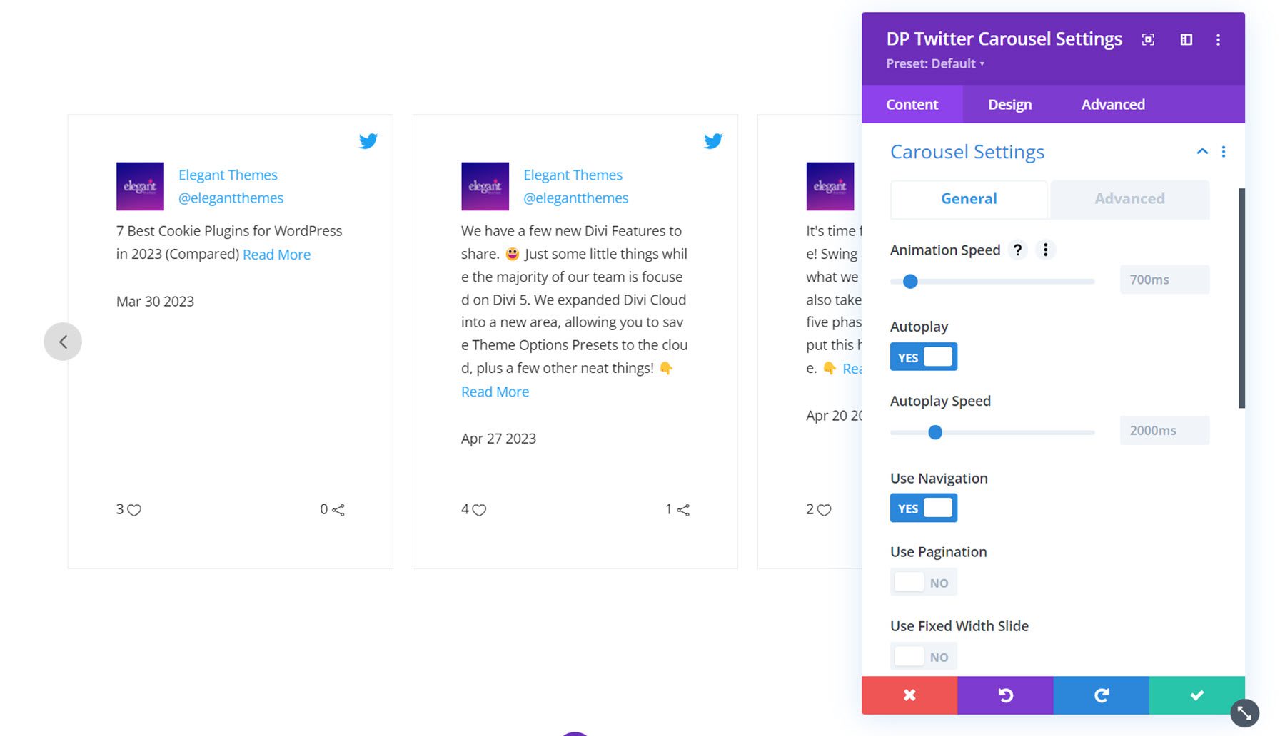 Divi Social Plus Twitter 캐러셀 설정