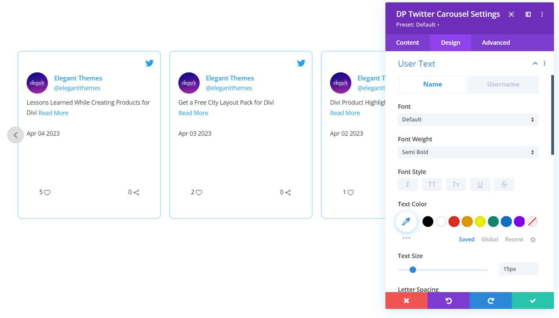Divi Social Plus Twitter 캐러셀 사용자 텍스트