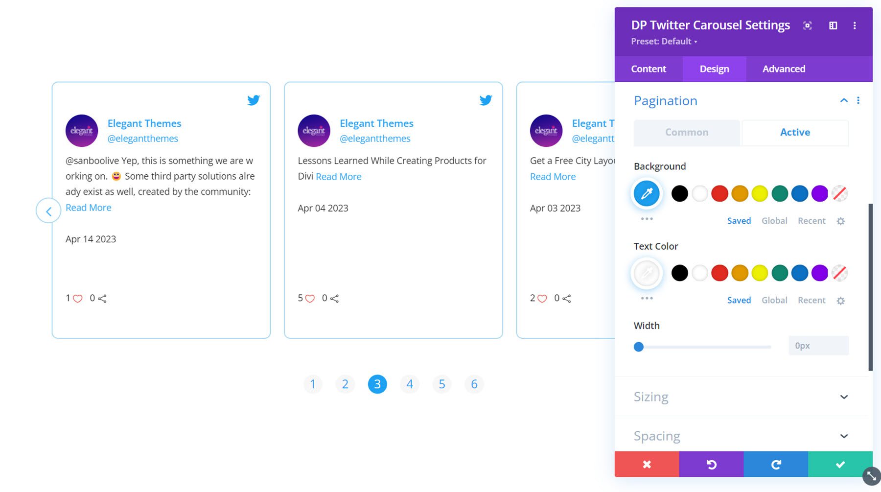 Divi Social Plus Twitter Carousel 활성 페이지 매김